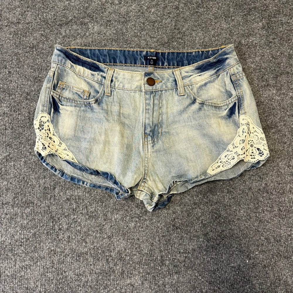 Kiabi Denim Shorts Womens Size 4 Light Wash Blue Lace Crochet Boho Cut Off